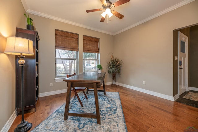 home office featuring hardwood / wood-style flooring, crown molding, and ceiling fan