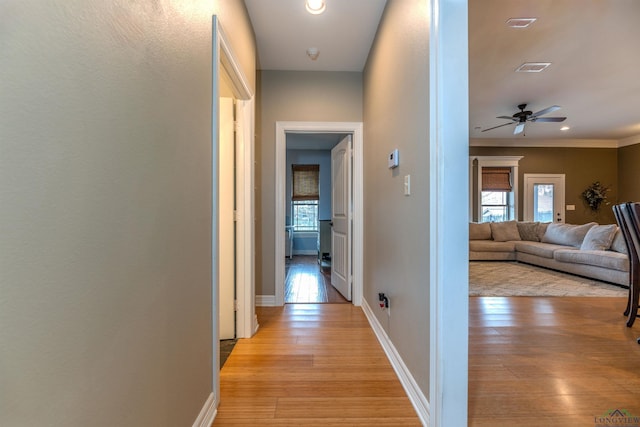 hall with crown molding and light hardwood / wood-style floors