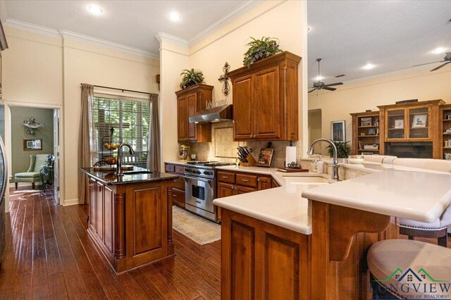 909 University Dr, Carthage, TX 75633 - kitchen with high end range, a ceiling fan, a sink, ventilation hood, and dark wood-style floors