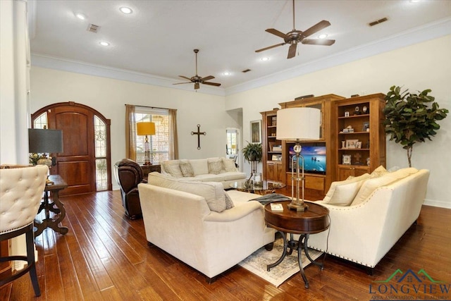 909 University Dr, Carthage, TX 75633 - living area with a ceiling fan, crown molding, dark wood-style flooring, and recessed lighting