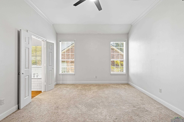 carpeted empty room with ceiling fan, vaulted ceiling, and crown molding