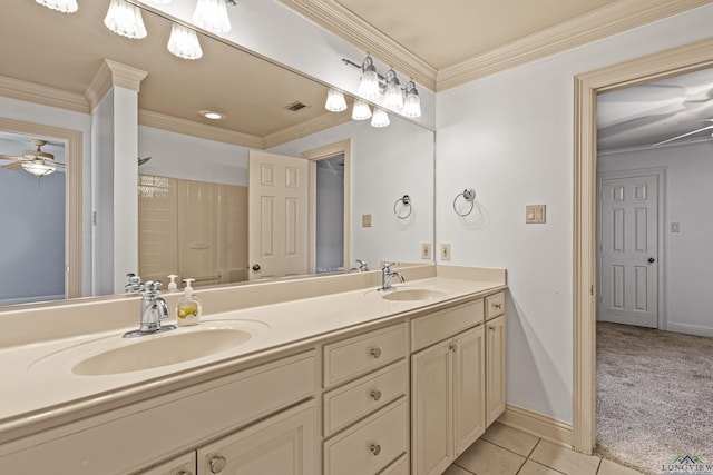 bathroom with ceiling fan, vanity, tile patterned floors, and ornamental molding