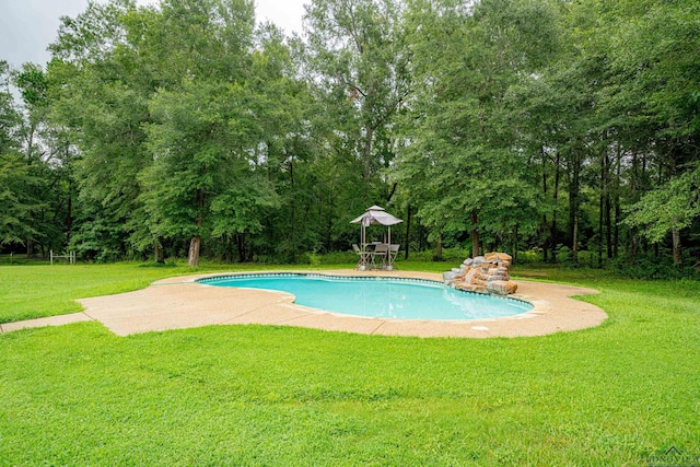 view of swimming pool with a lawn and a patio