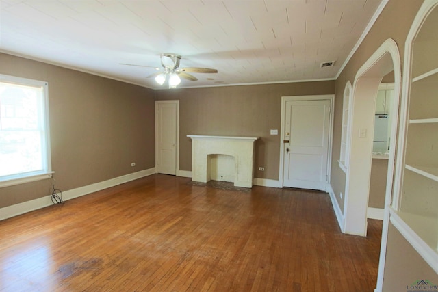 unfurnished living room with hardwood / wood-style flooring, ceiling fan, and ornamental molding