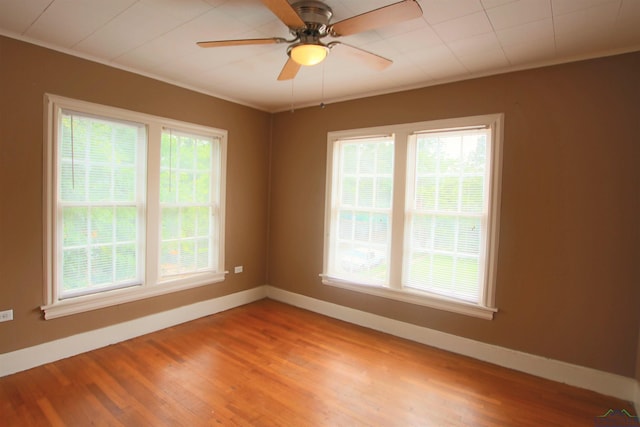 spare room featuring hardwood / wood-style flooring, ceiling fan, and crown molding