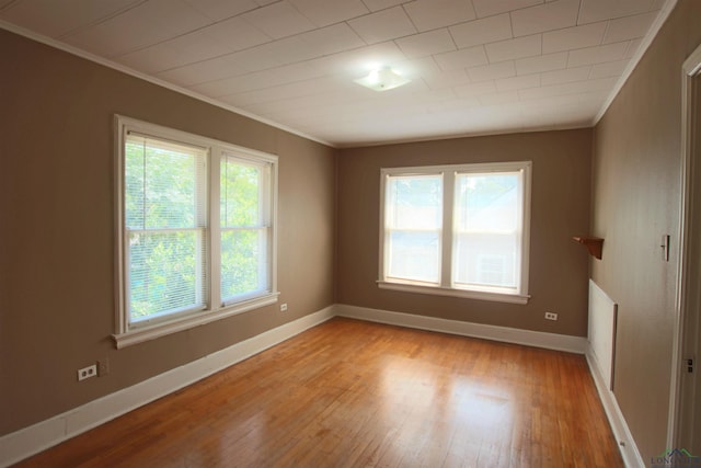 empty room featuring ornamental molding and light hardwood / wood-style floors