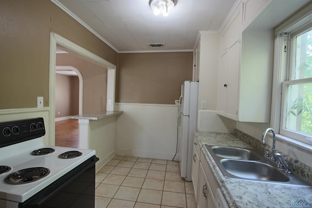 kitchen with sink, crown molding, white refrigerator, electric stove, and white cabinets