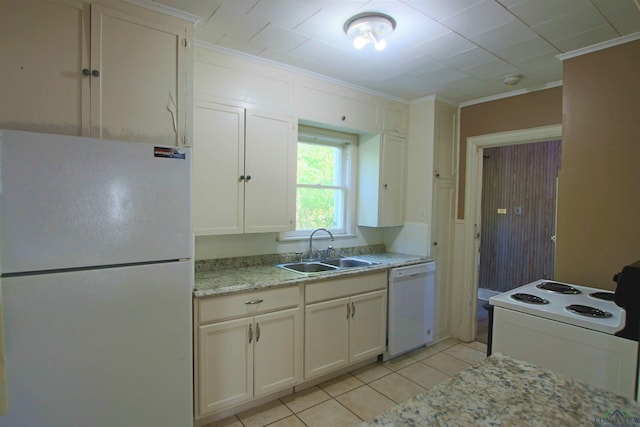 kitchen with white cabinetry, white appliances, and sink