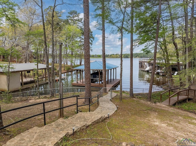 view of dock with a water view