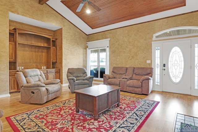 living room featuring light wood-type flooring, high vaulted ceiling, wooden ceiling, and ceiling fan