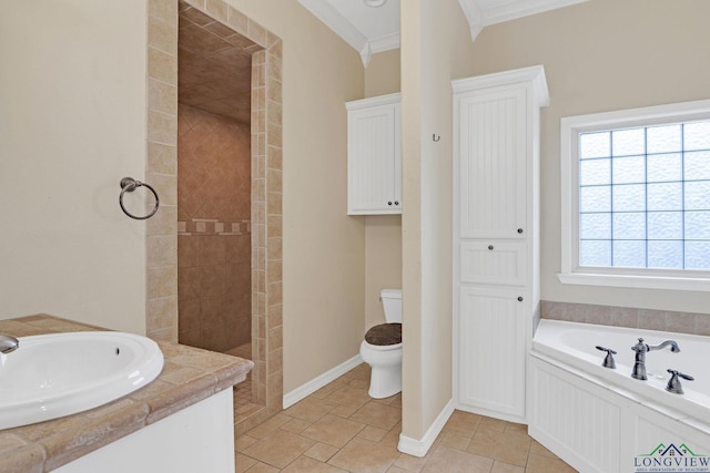 full bathroom with toilet, sink, ornamental molding, and independent shower and bath