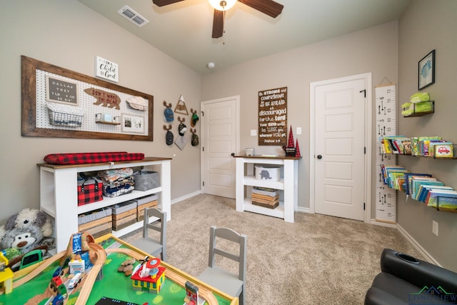 game room featuring carpet floors and ceiling fan