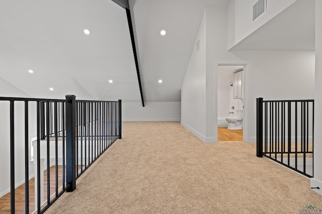 330 Forest Hls, Hallsville, TX 75650 - corridor with carpet floors, lofted ceiling, an upstairs landing, and recessed lighting
