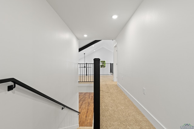 330 Forest Hls, Hallsville, TX 75650 - staircase featuring recessed lighting, vaulted ceiling, and wood finished floors