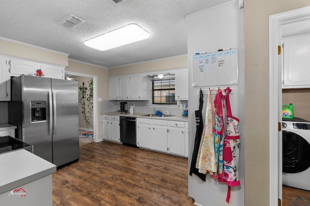 kitchen with white cabinets, dishwasher, washer / dryer, and stainless steel refrigerator with ice dispenser