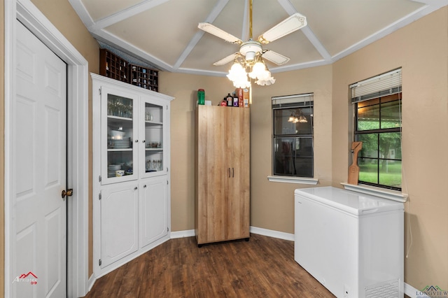 interior space with ceiling fan and dark wood-type flooring