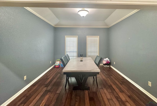 dining area with crown molding and dark hardwood / wood-style floors