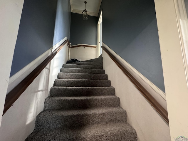 stairway featuring ornamental molding