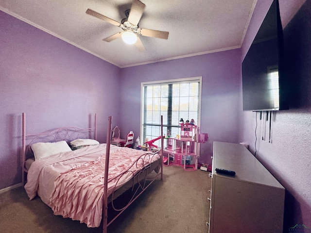 bedroom with ceiling fan, ornamental molding, and a textured ceiling