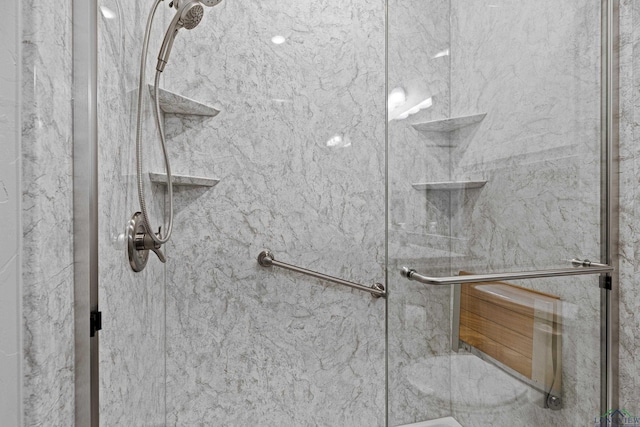 bathroom with a shower with shower door