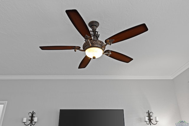 interior details with ceiling fan and ornamental molding