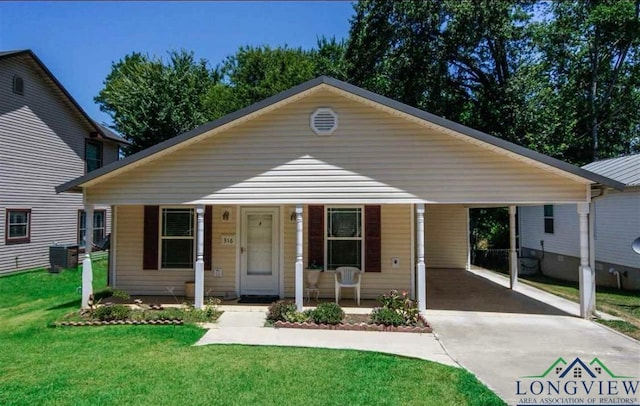 view of front facade with covered porch, driveway, a front lawn, and central air condition unit