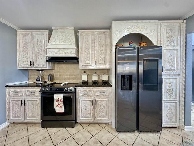 kitchen with range with electric cooktop, decorative backsplash, premium range hood, stainless steel refrigerator with ice dispenser, and crown molding