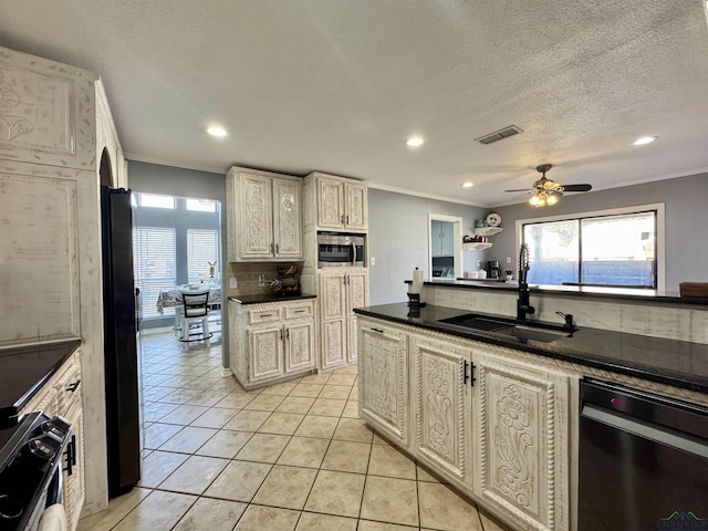 kitchen featuring sink, ceiling fan, black appliances, and plenty of natural light