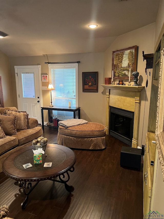 living room with lofted ceiling, a fireplace, and wood finished floors