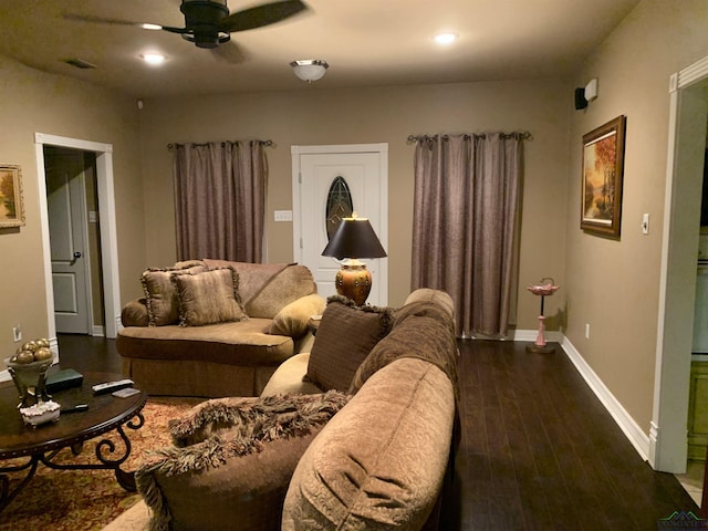 living room featuring recessed lighting, visible vents, ceiling fan, wood finished floors, and baseboards