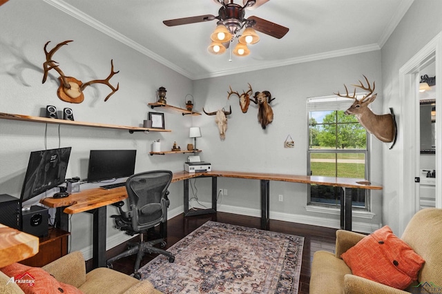 office space with crown molding, wood finished floors, ceiling fan, and baseboards