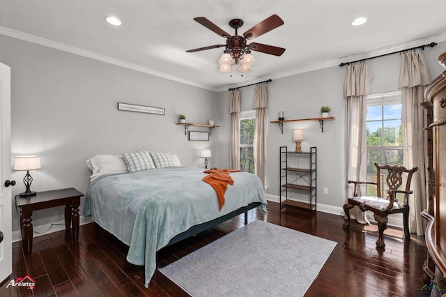 bedroom with crown molding, baseboards, recessed lighting, and wood finished floors