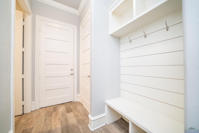 mudroom with ornamental molding and light wood-style flooring