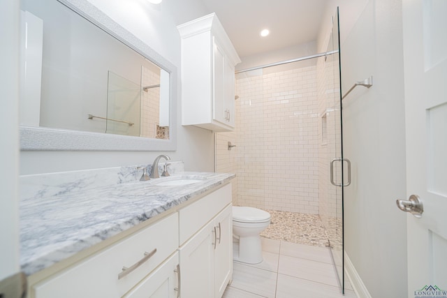 full bath with recessed lighting, toilet, a shower stall, vanity, and tile patterned flooring