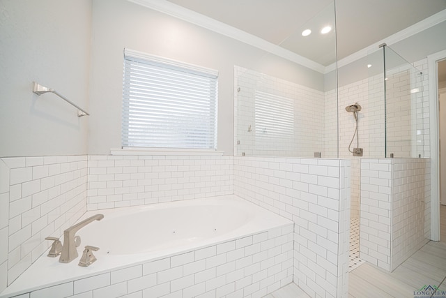 full bathroom featuring a jetted tub, ornamental molding, and walk in shower