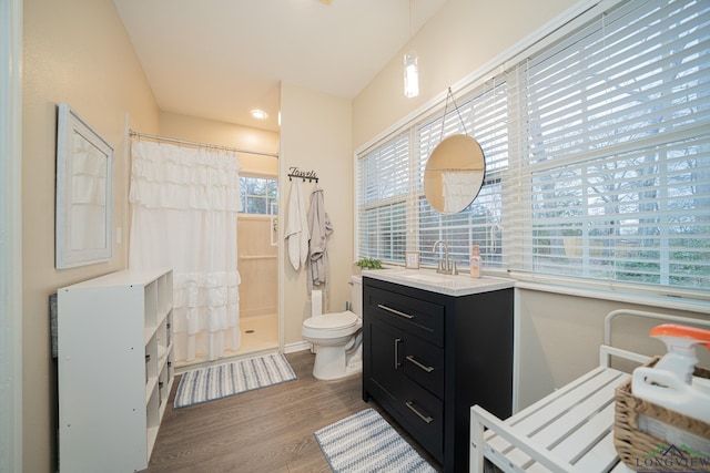 bathroom featuring vanity, wood finished floors, toilet, and a shower stall