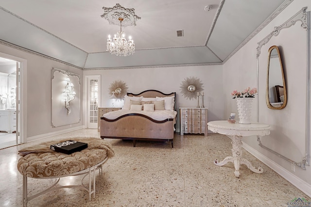 bedroom with vaulted ceiling, baseboards, and an inviting chandelier