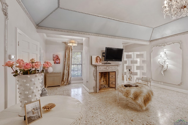 living room with lofted ceiling, a high end fireplace, baseboards, and ornamental molding