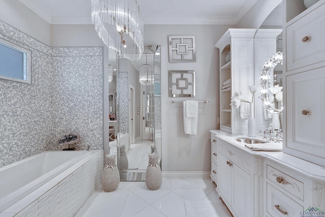 bathroom featuring tile patterned flooring, a garden tub, vanity, ornamental molding, and an inviting chandelier