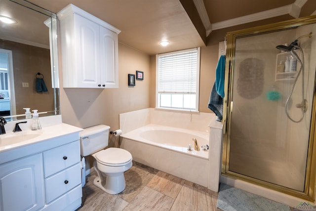 full bathroom featuring plus walk in shower, vanity, toilet, and ornamental molding