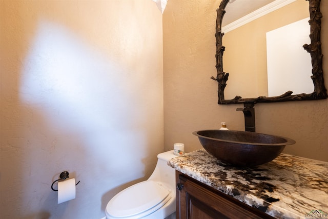 bathroom featuring vanity, toilet, and ornamental molding