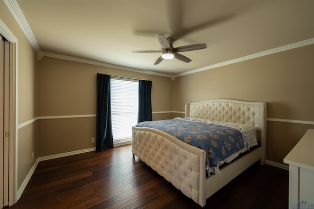 bedroom featuring crown molding, ceiling fan, and dark wood-type flooring