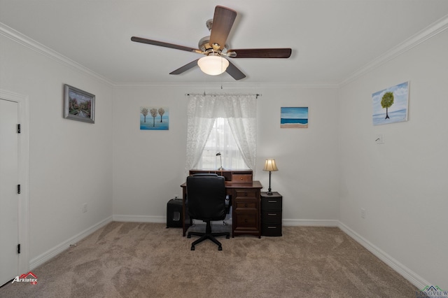 carpeted office space featuring ceiling fan and ornamental molding