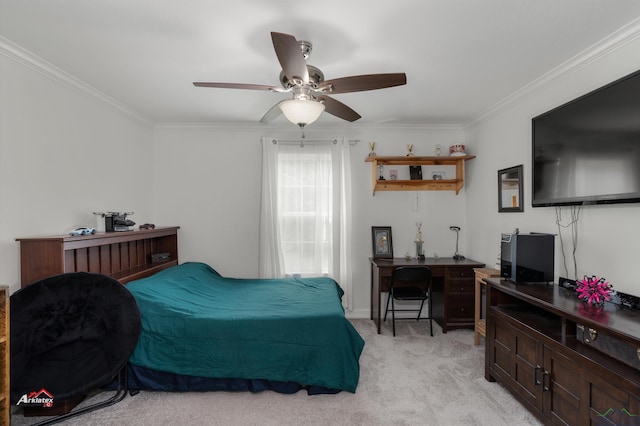 bedroom with light colored carpet, ceiling fan, and ornamental molding