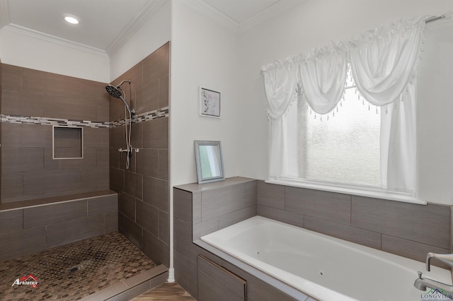 bathroom with shower with separate bathtub, a wealth of natural light, and ornamental molding