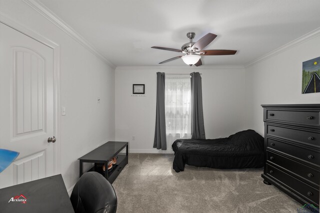 bedroom featuring carpet, ceiling fan, and ornamental molding