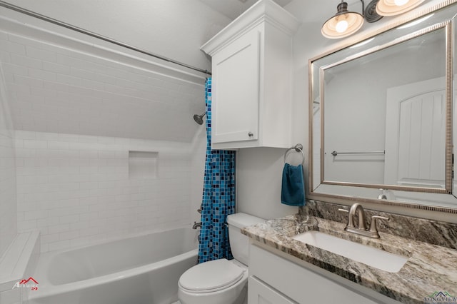 full bathroom featuring vanity, toilet, and shower / bathtub combination with curtain