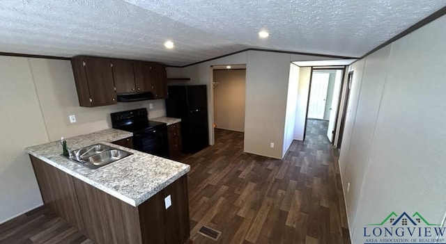 kitchen featuring electric range, a sink, a textured ceiling, lofted ceiling, and dark wood-style flooring