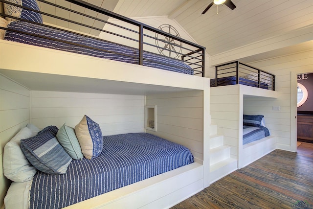 688 E Eagle Point Dr, Mount Vernon, TX 75457 - bedroom featuring wood finished floors, wooden walls, and ceiling fan