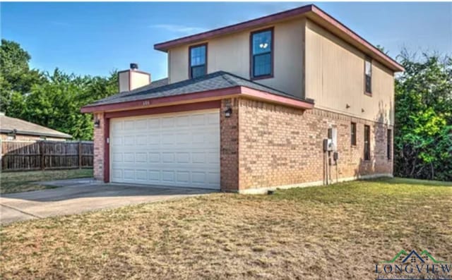 view of property exterior featuring a garage and a lawn